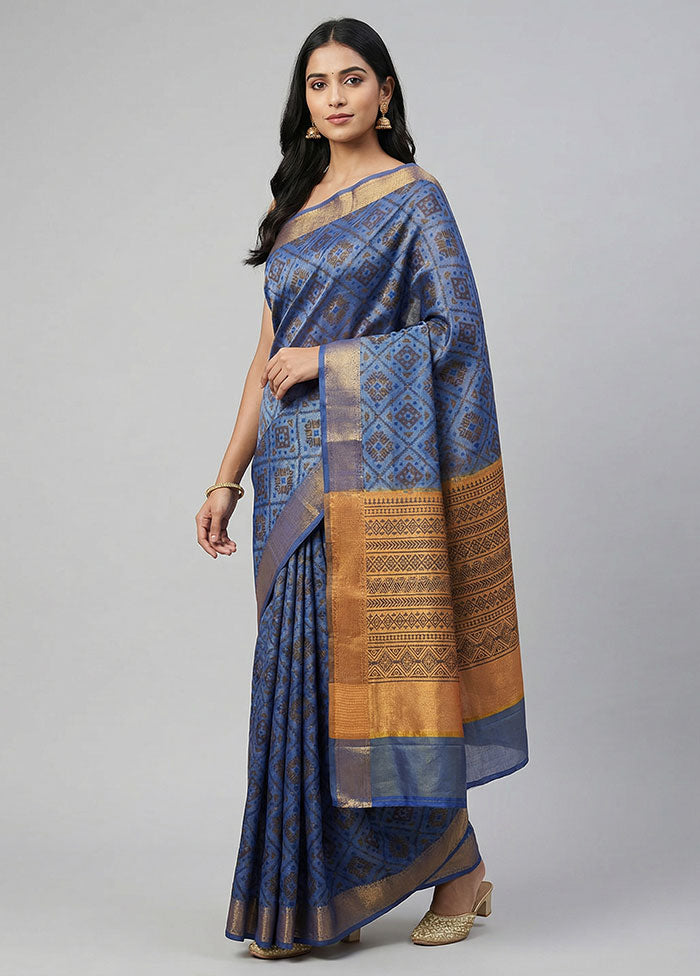 Blue Dupion Silk Saree With Blouse Piece