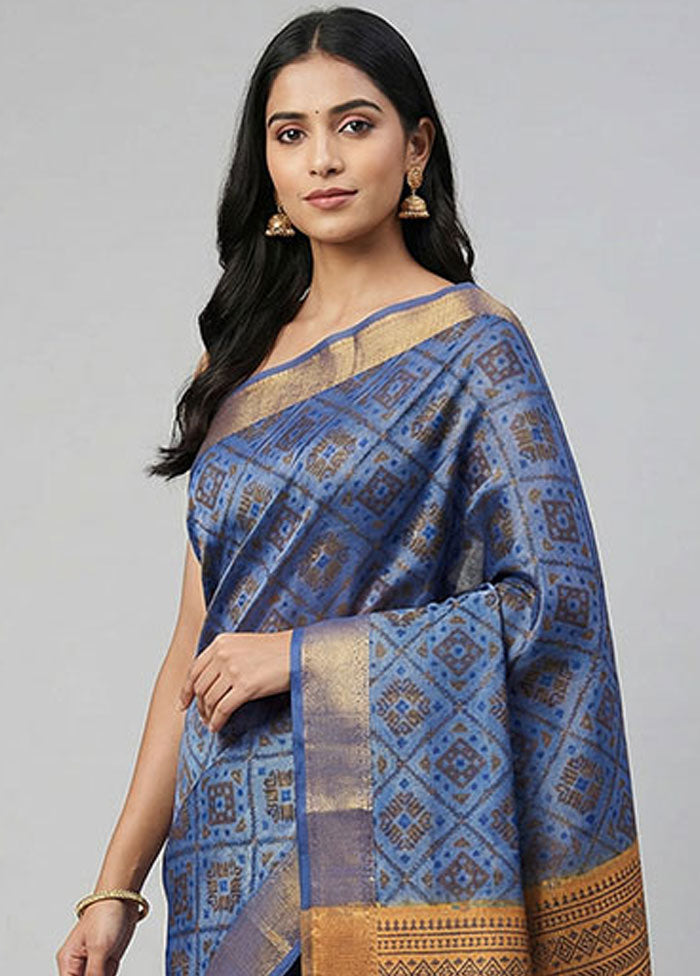 Blue Dupion Silk Saree With Blouse Piece