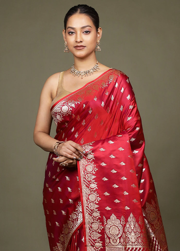 Red Banarasi Silk Saree With Blouse Piece