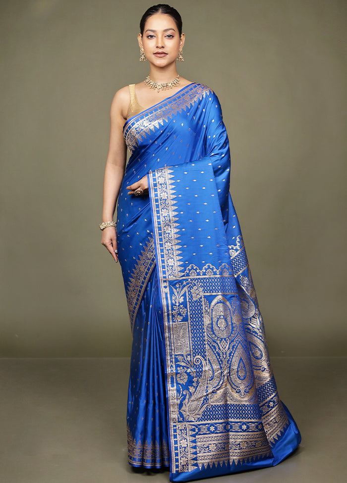 Blue Banarasi Silk Saree With Blouse Piece