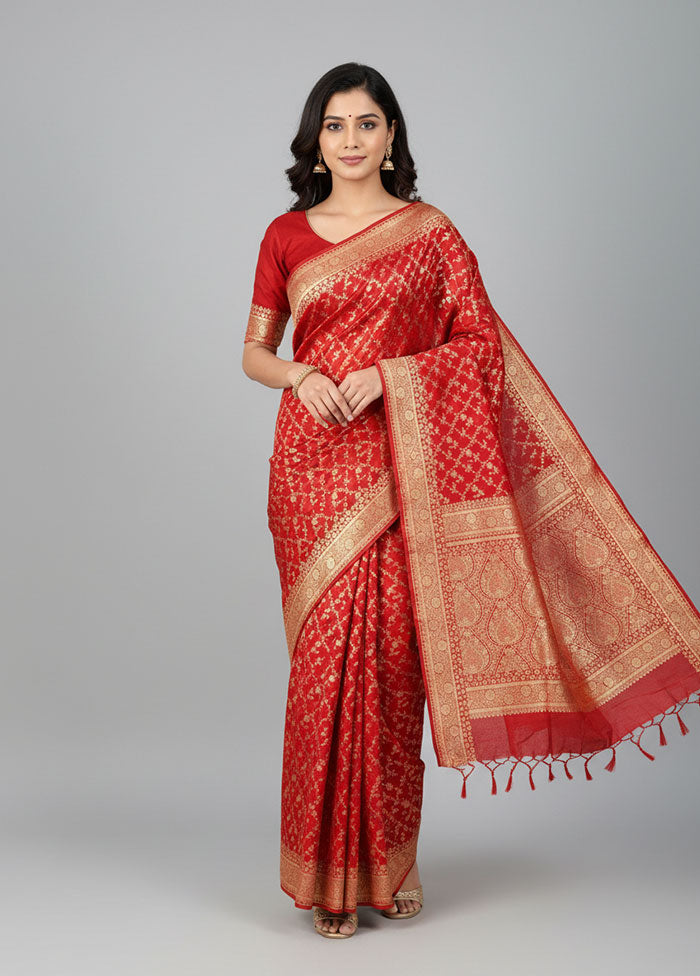 Red Banarasi Silk Saree With Blouse Piece