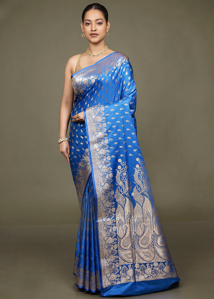 Blue Banarasi Silk Saree With Blouse Piece