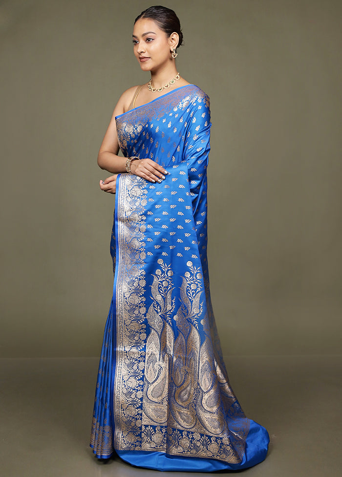 Blue Banarasi Silk Saree With Blouse Piece