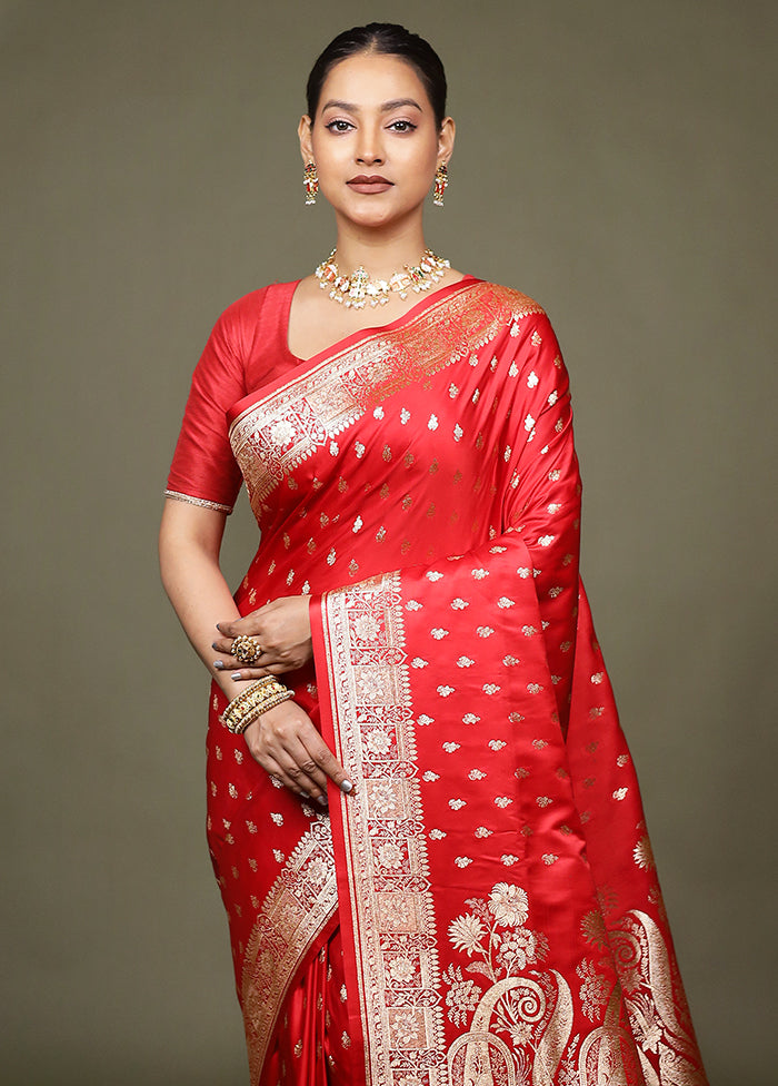 Red Banarasi Silk Saree With Blouse Piece
