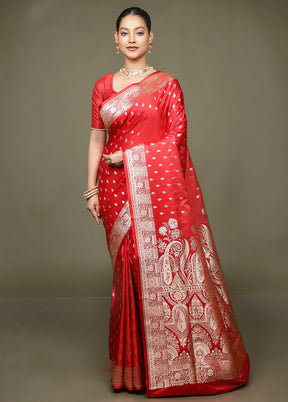 Red Banarasi Silk Saree With Blouse Piece