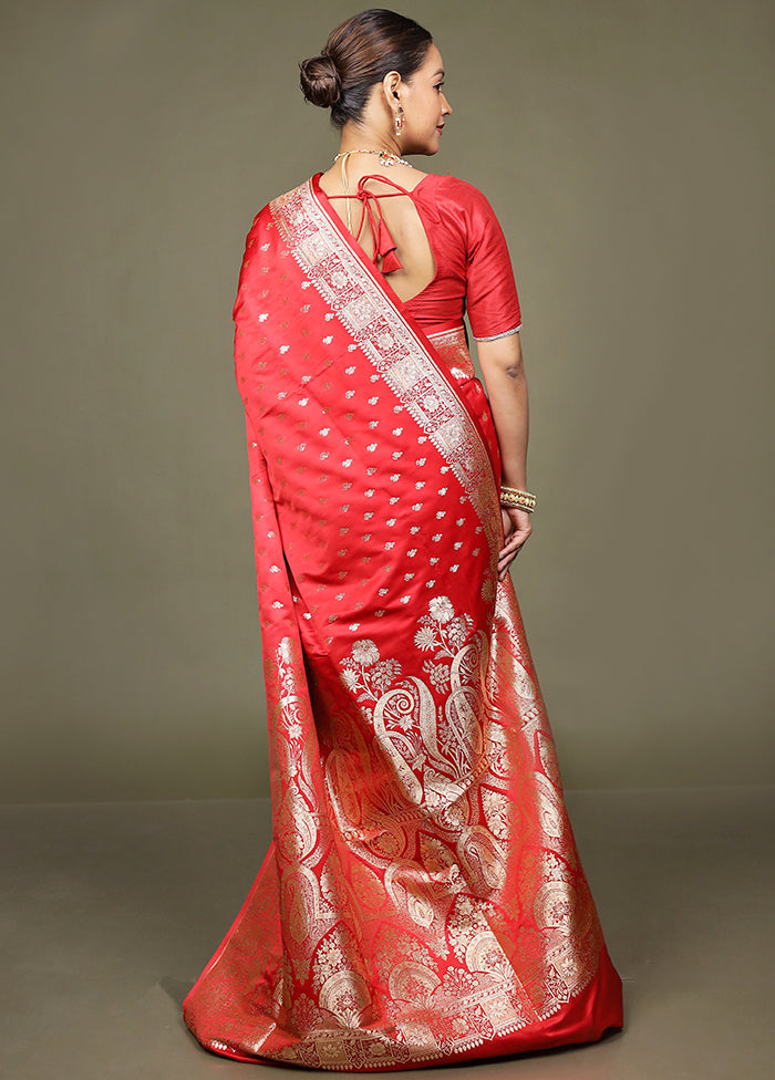 Red Banarasi Silk Saree With Blouse Piece