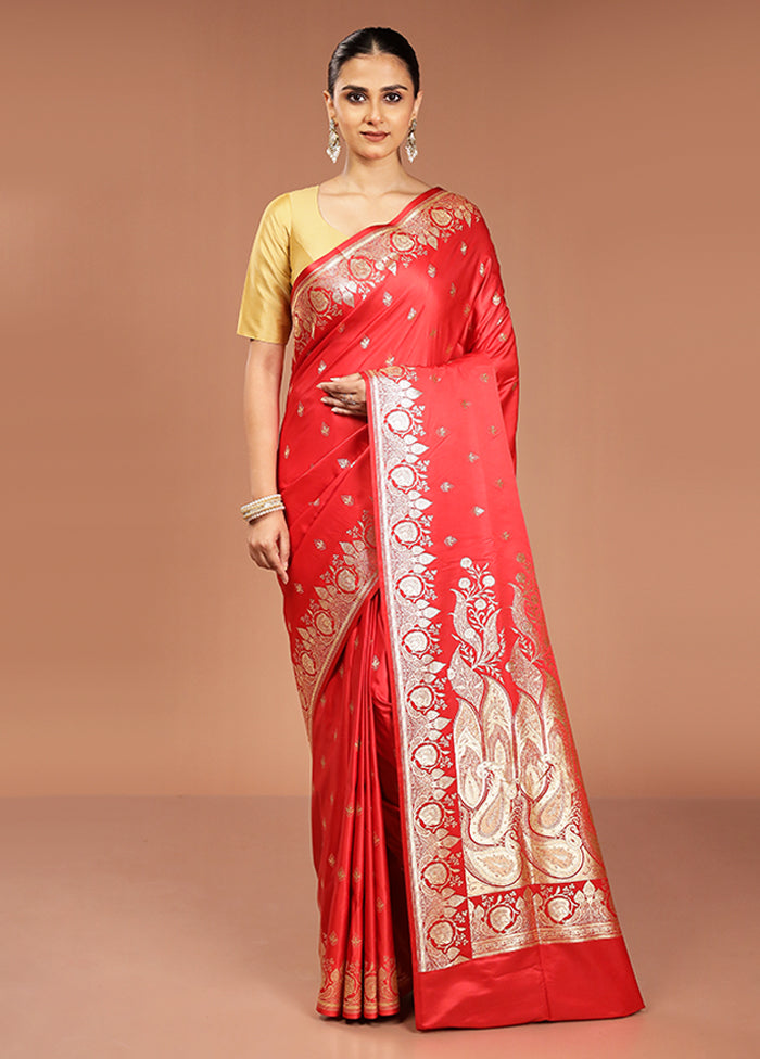Red Banarasi Silk Saree With Blouse Piece