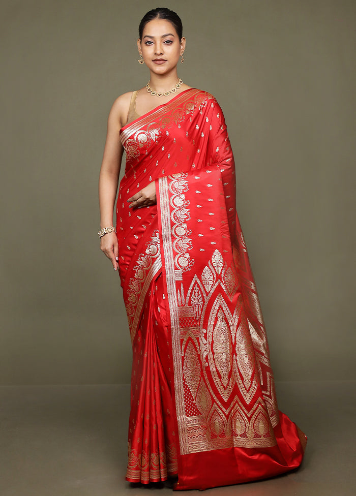 Red Banarasi Silk Saree With Blouse Piece