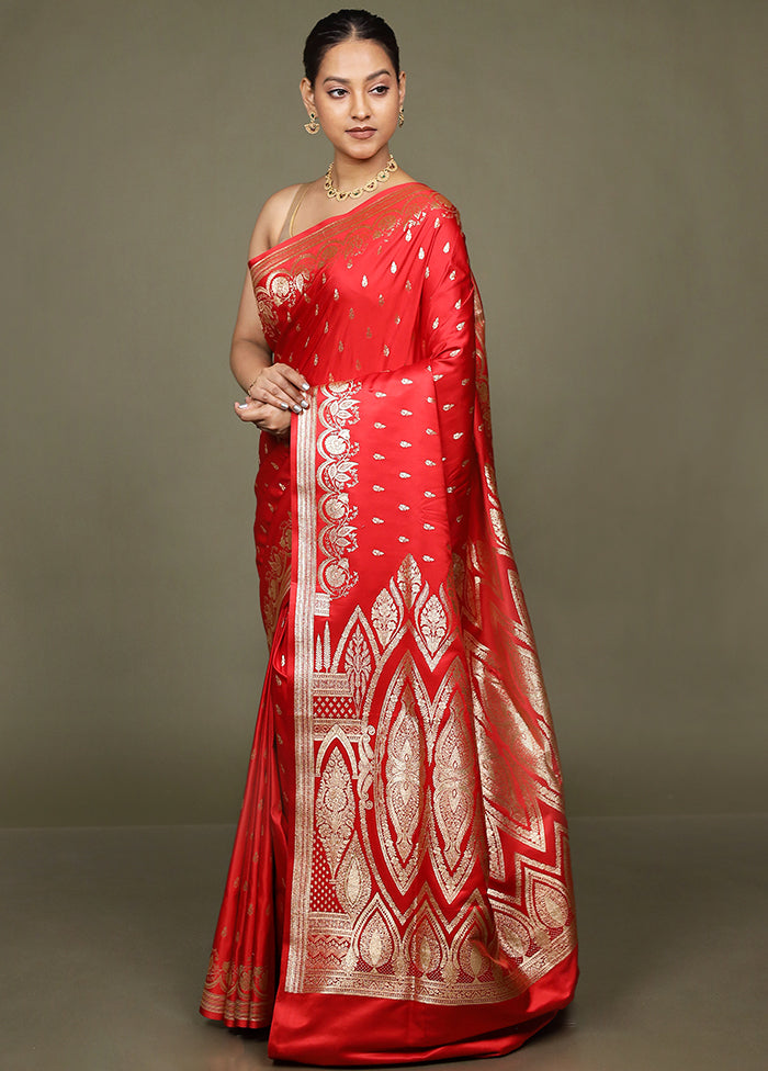Red Banarasi Silk Saree With Blouse Piece