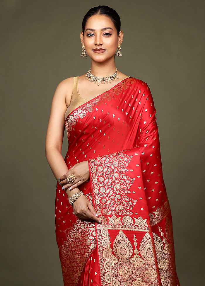 Red Banarasi Silk Saree With Blouse Piece