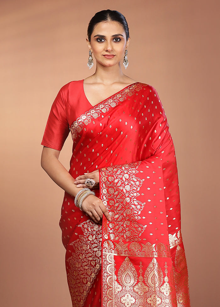 Red Banarasi Silk Saree With Blouse Piece