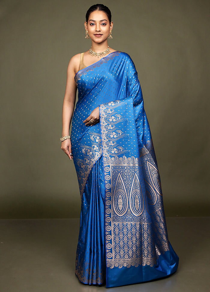 Blue Banarasi Silk Saree With Blouse Piece