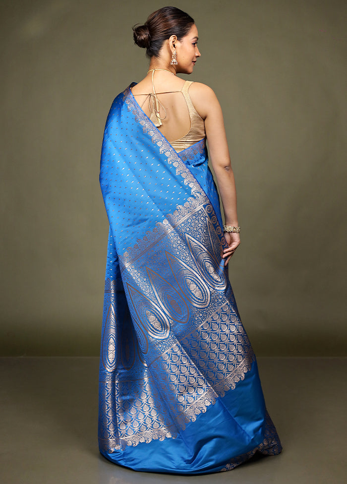 Blue Banarasi Silk Saree With Blouse Piece