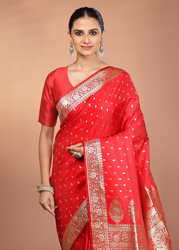 Red Banarasi Silk Saree With Blouse Piece