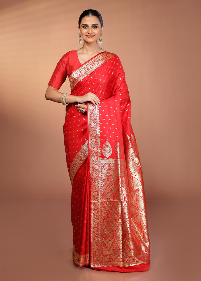 Red Banarasi Silk Saree With Blouse Piece