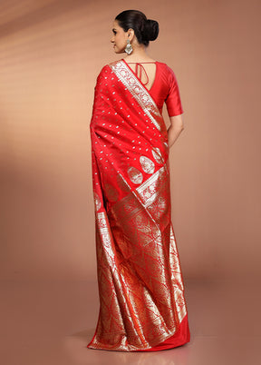 Red Banarasi Silk Saree With Blouse Piece