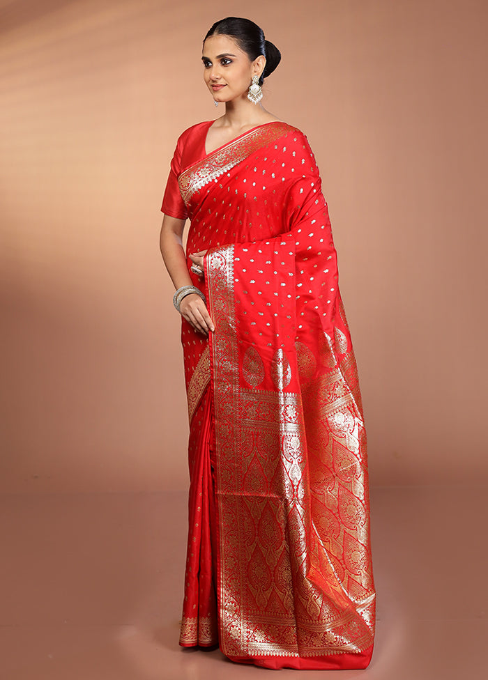 Red Banarasi Silk Saree With Blouse Piece