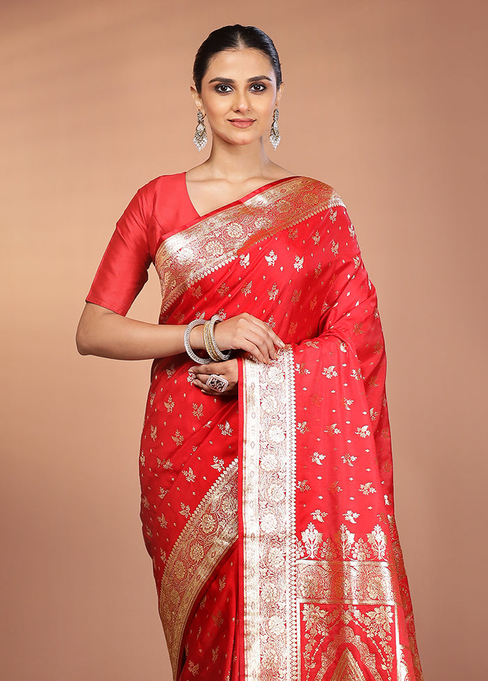 Red Banarasi Silk Saree With Blouse Piece