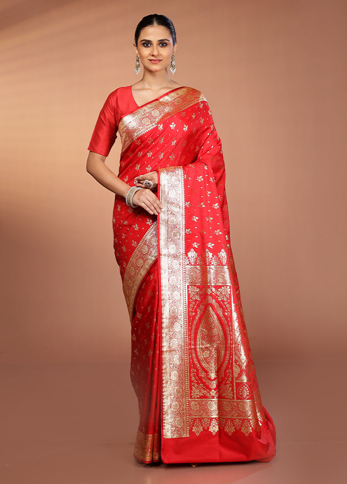 Red Banarasi Silk Saree With Blouse Piece