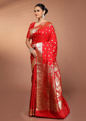 Red Banarasi Silk Saree With Blouse Piece