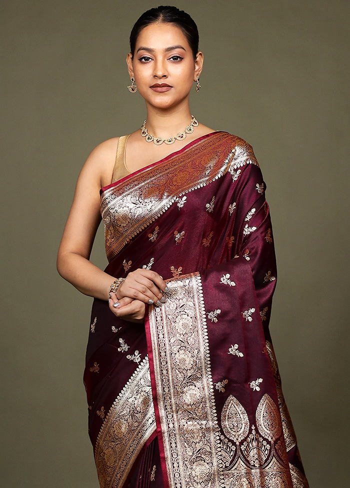 Maroon Banarasi Silk Saree With Blouse Piece