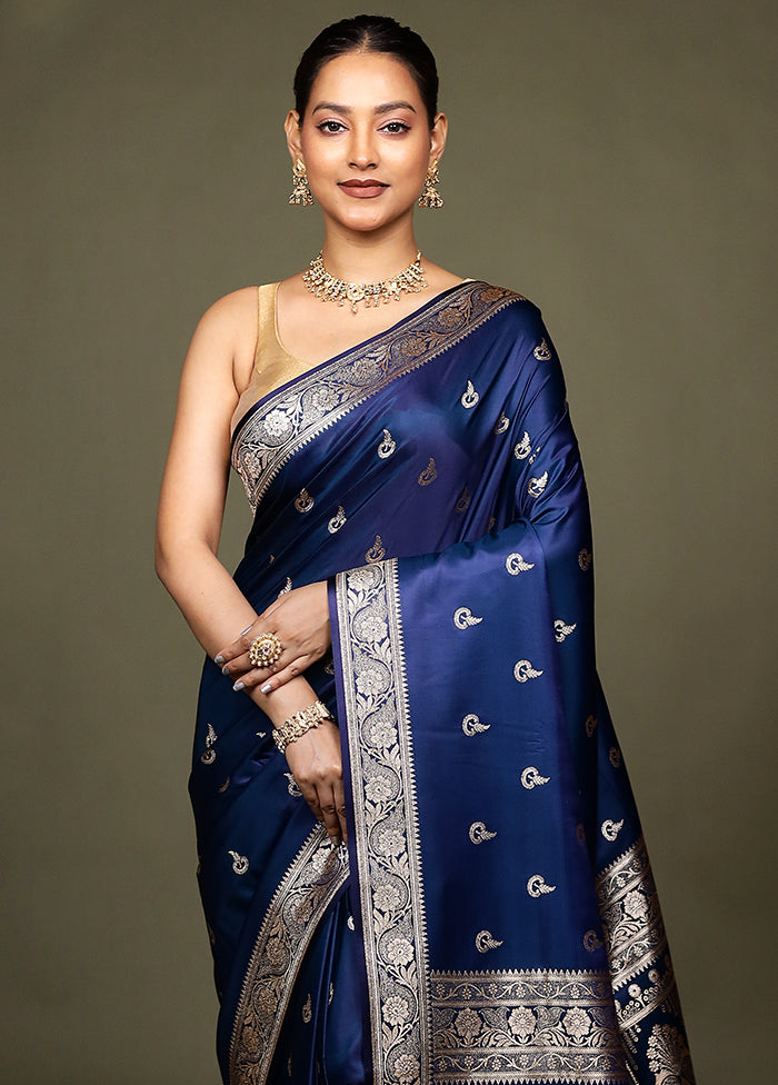 Blue Banarasi Silk Saree With Blouse Piece