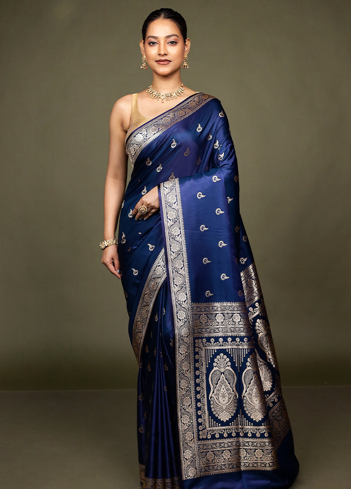 Blue Banarasi Silk Saree With Blouse Piece