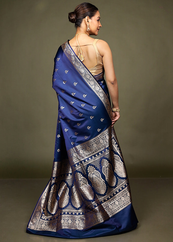 Blue Banarasi Silk Saree With Blouse Piece