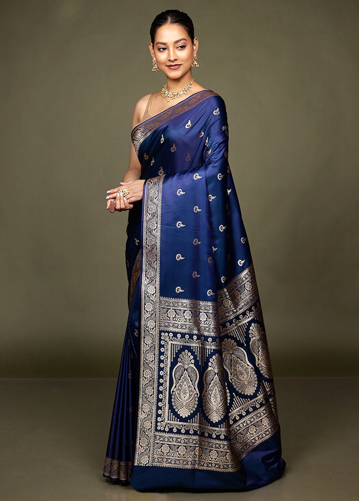 Blue Banarasi Silk Saree With Blouse Piece