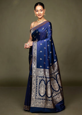 Blue Banarasi Silk Saree With Blouse Piece