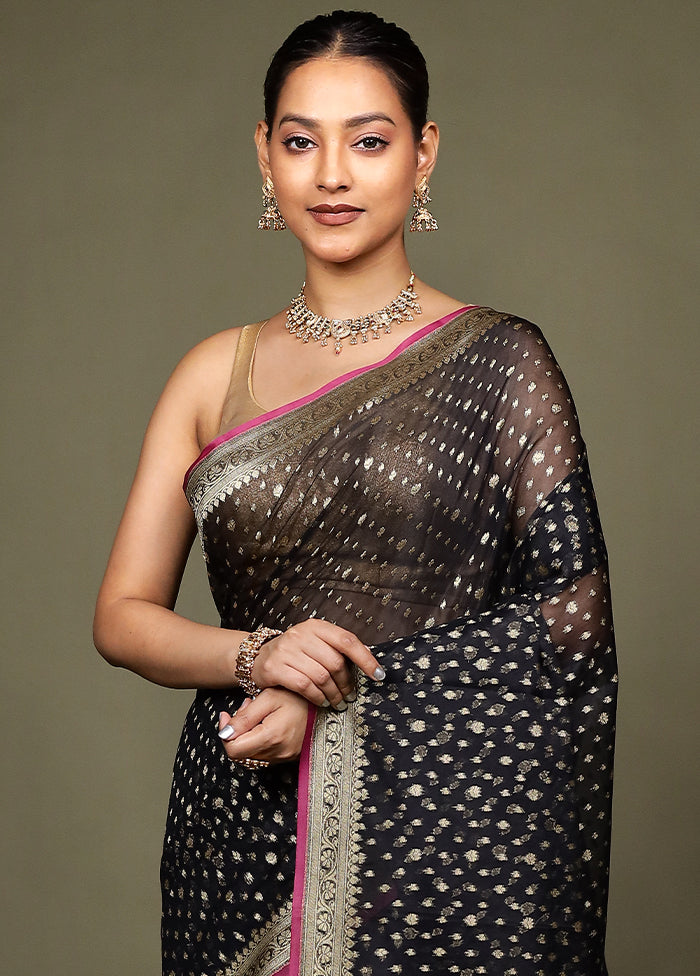 Black Kora Silk Saree With Blouse Piece