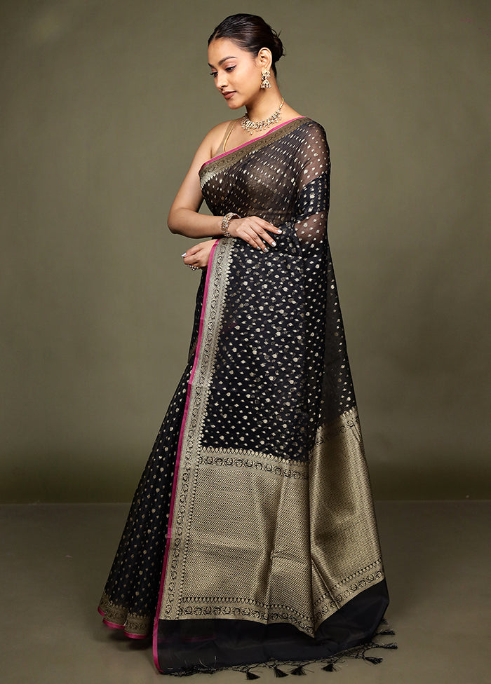 Black Kora Silk Saree With Blouse Piece