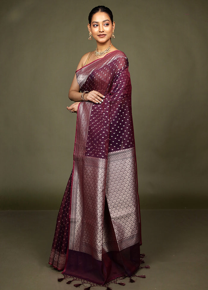Maroon Kora Silk Saree With Blouse Piece