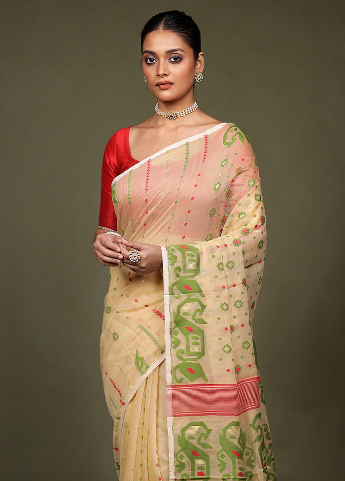 Cream Jamdani Cotton Saree Without Blouse Piece