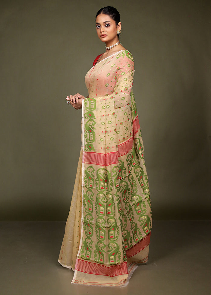 Cream Jamdani Cotton Saree Without Blouse Piece