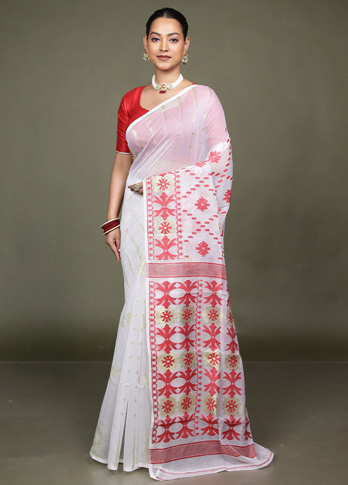 White Jamdani Cotton Saree Without Blouse Piece