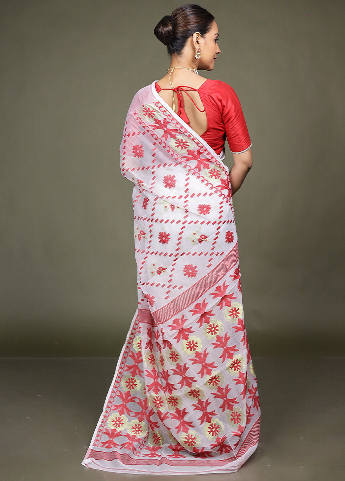 White Jamdani Cotton Saree Without Blouse Piece