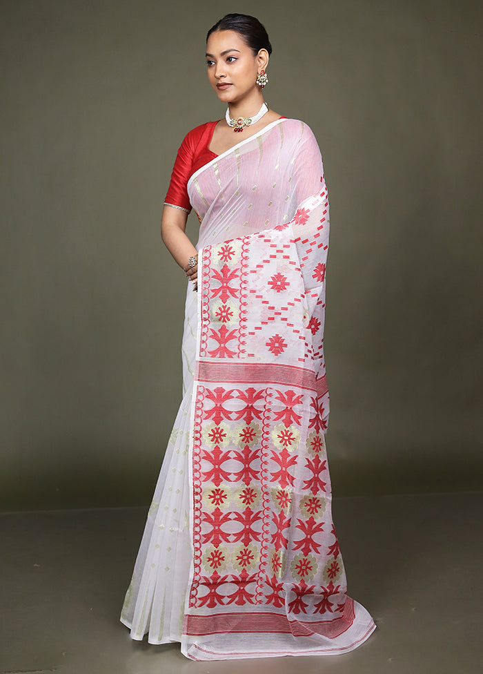 White Jamdani Cotton Saree Without Blouse Piece