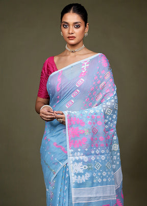 Blue Tant Jamdani Saree Without Blouse Piece