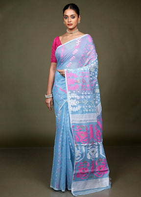 Blue Tant Jamdani Saree Without Blouse Piece