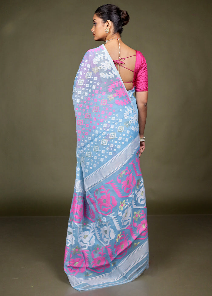 Blue Tant Jamdani Saree Without Blouse Piece