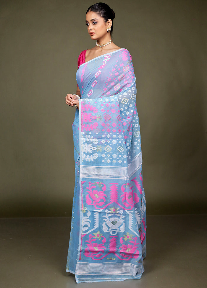 Blue Tant Jamdani Saree Without Blouse Piece