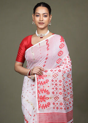 White Tant Jamdani Saree Without Blouse Piece