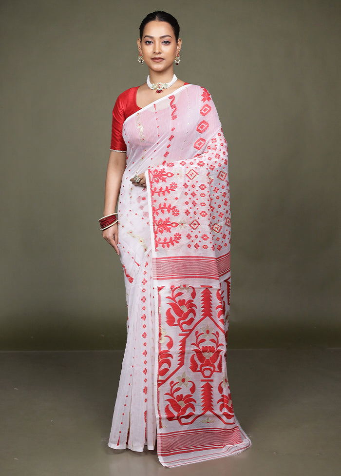 White Tant Jamdani Saree Without Blouse Piece