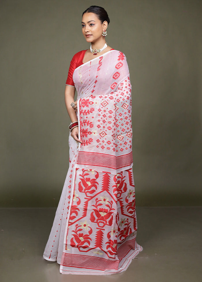 White Tant Jamdani Saree Without Blouse Piece