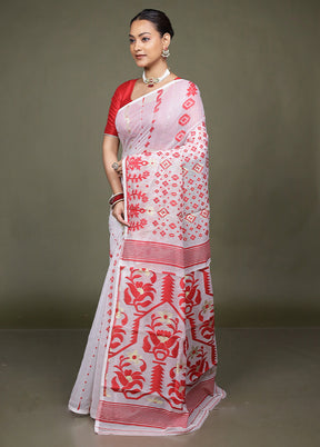 White Tant Jamdani Saree Without Blouse Piece