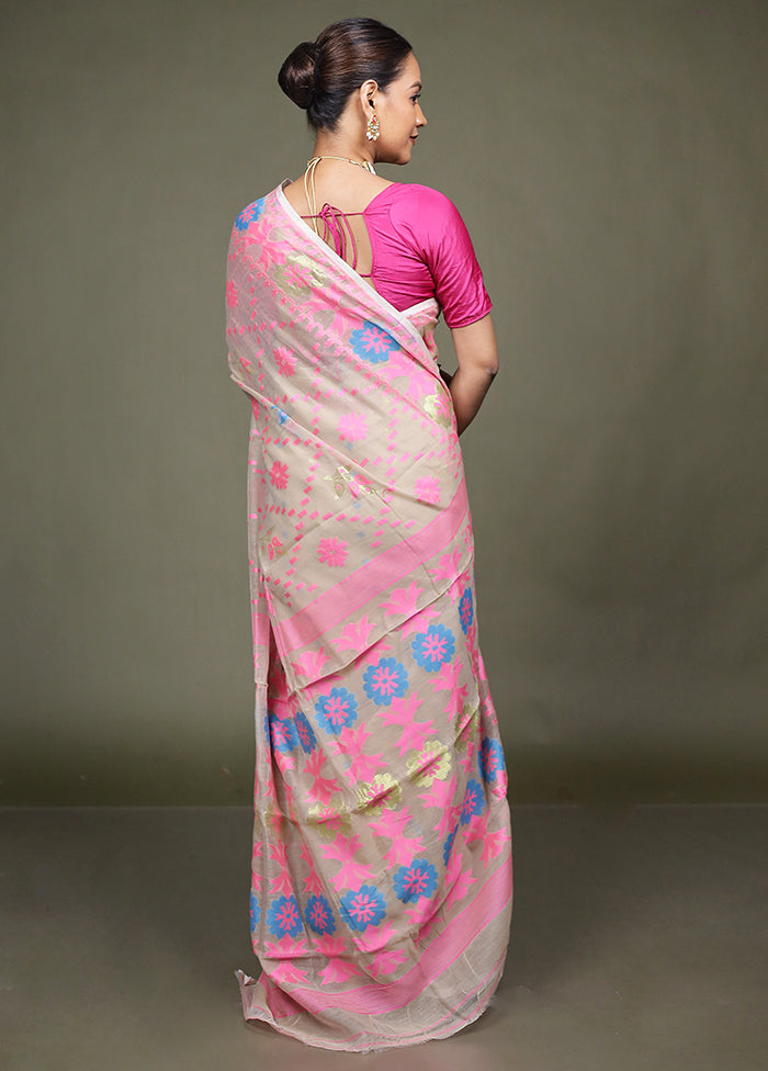 Cream Jamdani Cotton Saree Without Blouse Piece