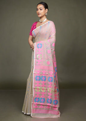 Cream Jamdani Cotton Saree Without Blouse Piece
