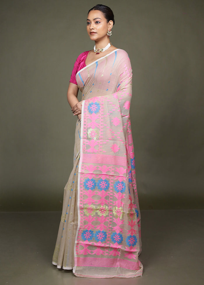 Cream Jamdani Cotton Saree Without Blouse Piece