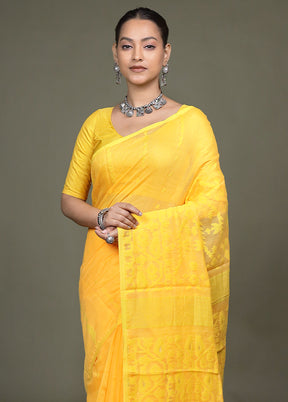 Yellow Jamdani Cotton Saree Without Blouse Piece